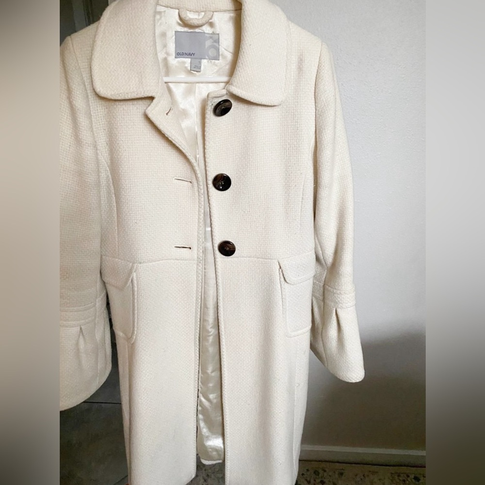 Old Navy Wool Cream Dress Long Textured Coat Bell Sleeves Women Size Small